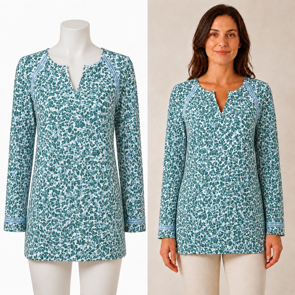 Woolovers Tunic Top Womens Medium Green Leaf Print Long Sleeve Cotton Split Neck